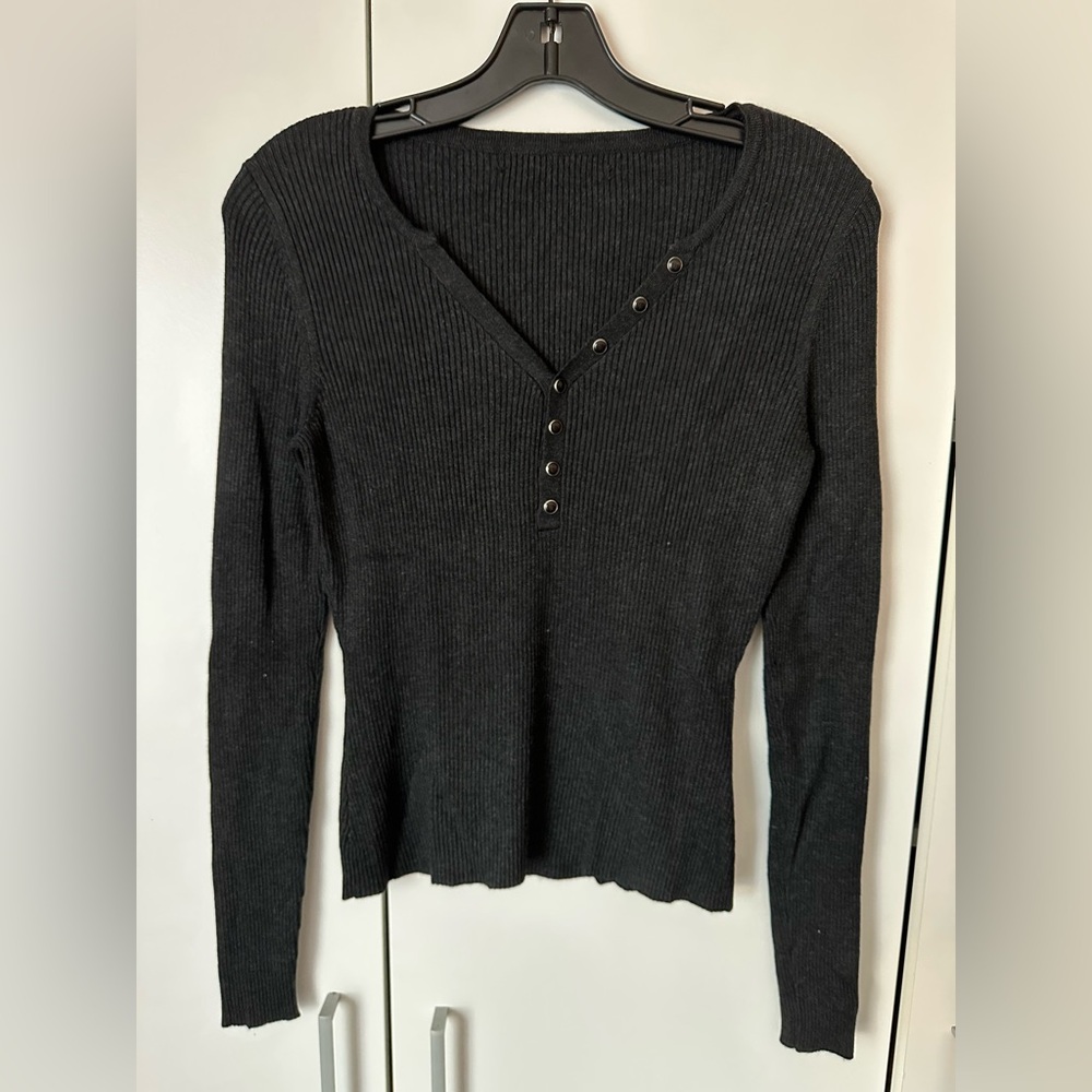 Charcoal Ribbed Button-Detail Women's Top